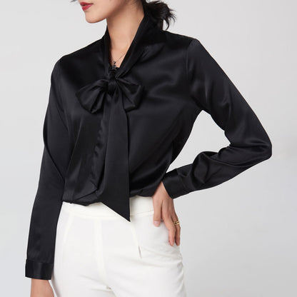 Mulberry Silk Bottoming V-neck Bow Large Ribbon Women's Shirt