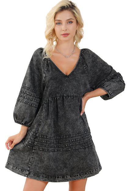 Black Pleated V Neck Puff Sleeve Denim Babydoll Dress