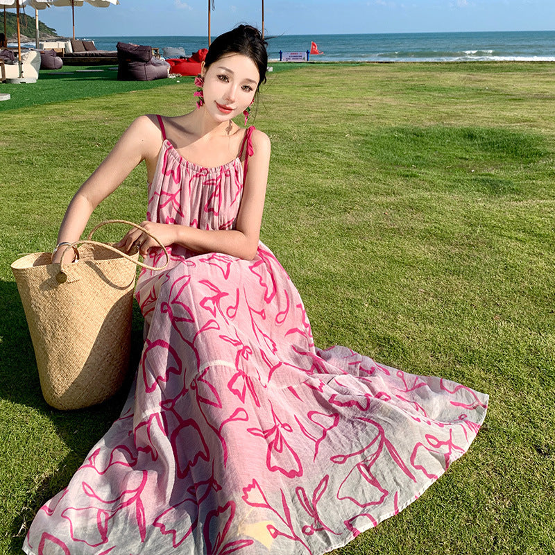 Vestido de playa con tirantes para vacaciones junto al mar con estampado de tinta