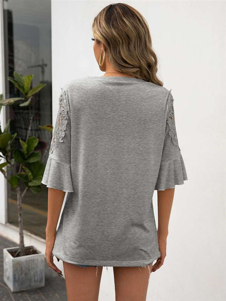 Casual Round Neck Lace Lace Stitching Five-point Sleeve Shir