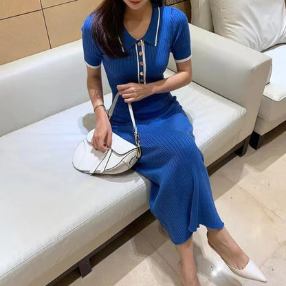 Short Sleeve Contrast Color Slim Fit Knitted Dress