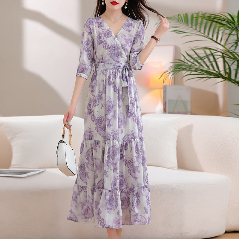 Women's Waist Trimming Printing Chiffon Dress