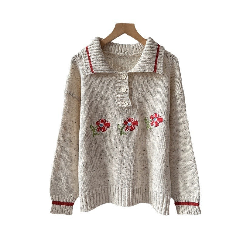 Japanese High-grade Chic Little Flower Polo Collar Knitwear