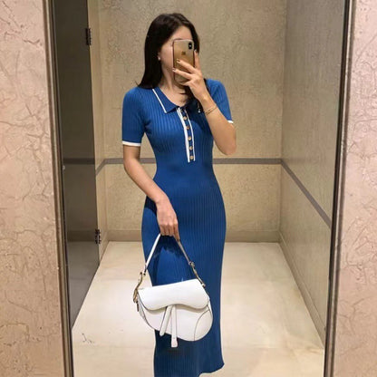 Short Sleeve Contrast Color Slim Fit Knitted Dress