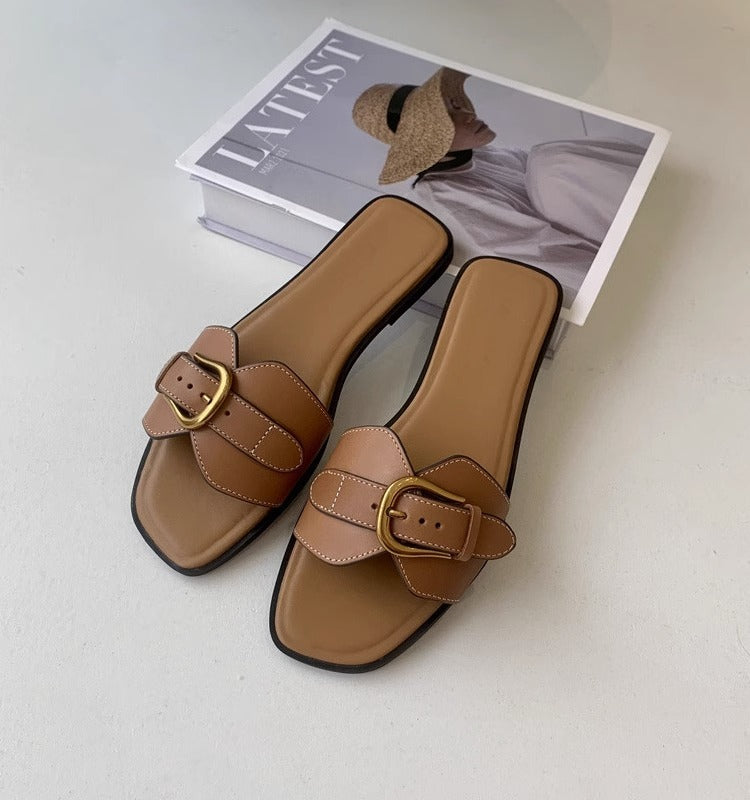 Zapatillas planas francesas para mujer, ropa de verano, sandalias con hebilla retro, zapatos casuales para vacaciones y playa