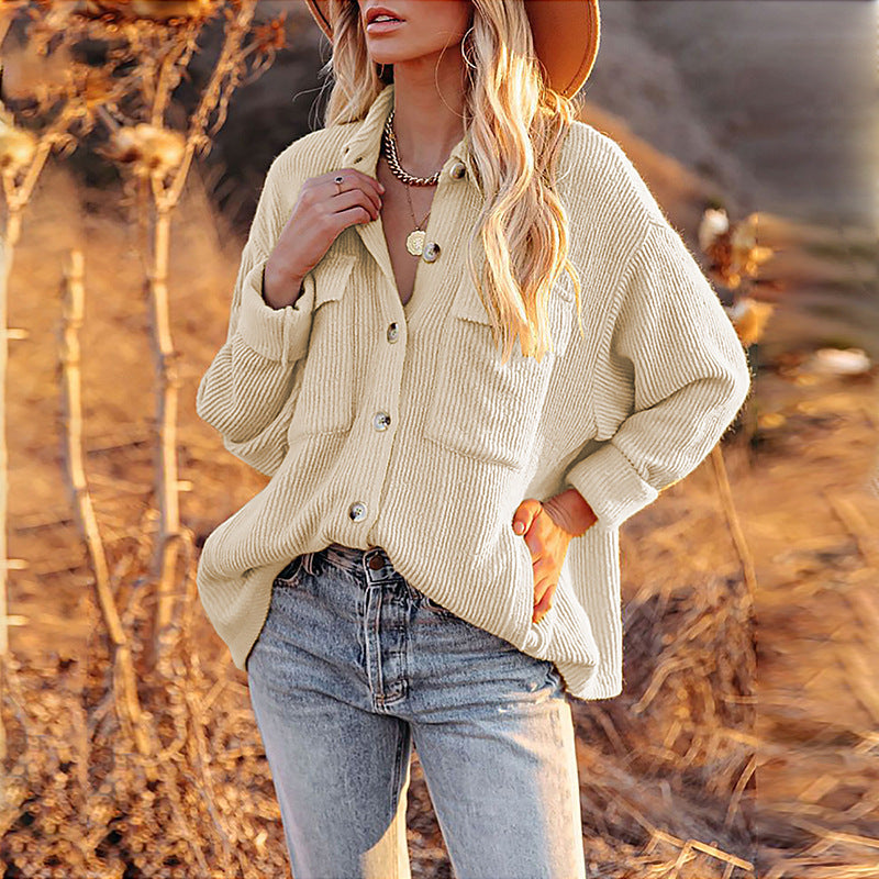 Solid Color Loose Corduroy Pocket Long Sleeve Cardigan Jacket