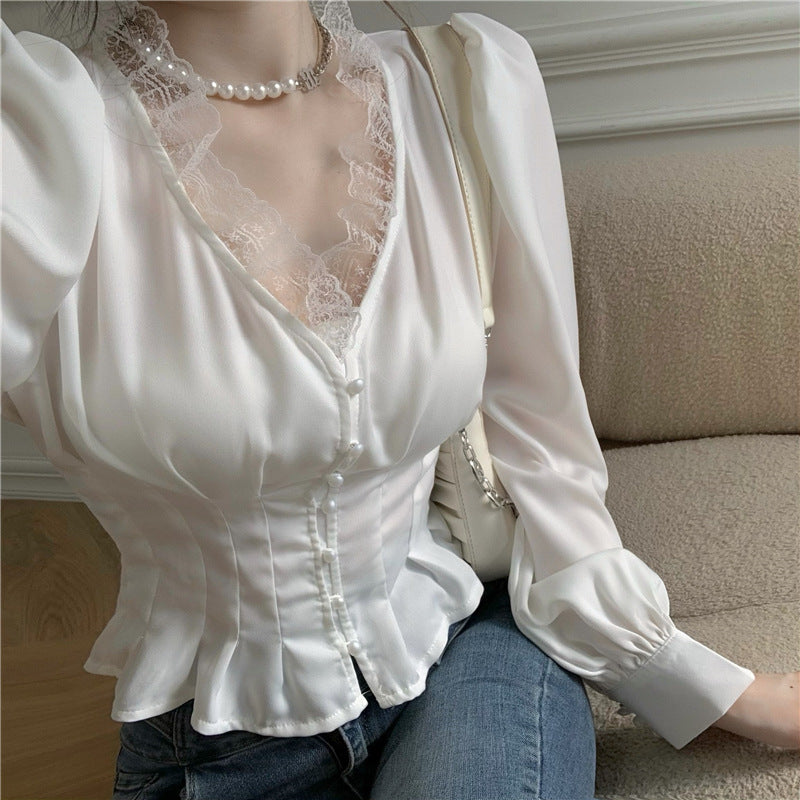 Lace Women's Short White Long Sleeve Ruffled Shirt Top