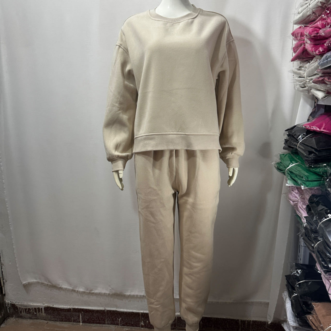 Sweater Fashion Casual Set Solid Color Lazy Drop-shoulder Sleeve Round-neck Shirt Beam Foot Length Rain Pants