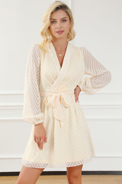 Apricot V Striped Sheer Puff Sleeve Surplice Knot Mini Dress