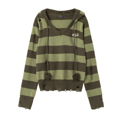 Autumn Hooded Sweater Women Contrast Stripe Thin