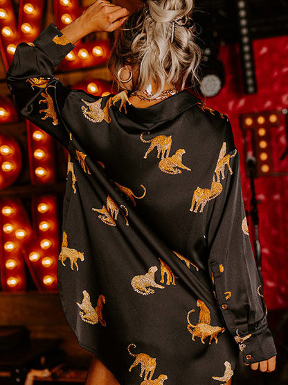 Autumn Solid Color Satin Long Sleeve Cardigan Thin Personalized Animal Print Shirt For Women