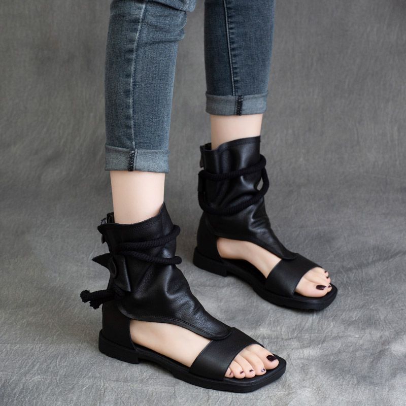 Genuine Leather Retro Flat Soft Bottom High-top Back Zipper Fish Mouth Sandal Boots