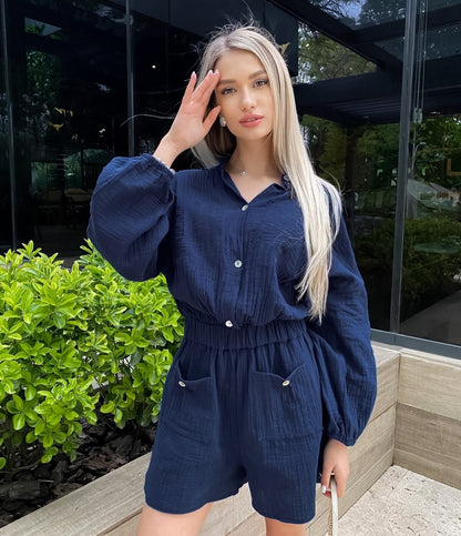 Women's Fashion Solid Color Casual Long Sleeves High Waist Jumpsuit