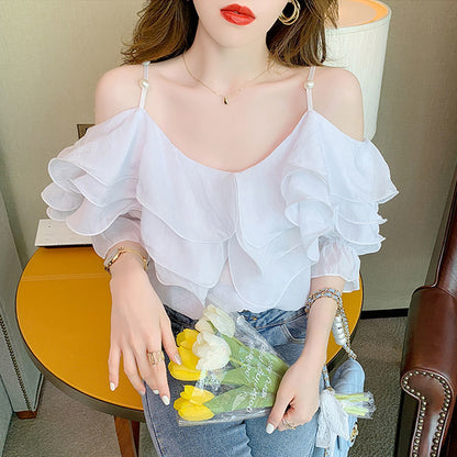 One Word Neck Chiffon Shirt Off Shoulder Ruffle Top Women's