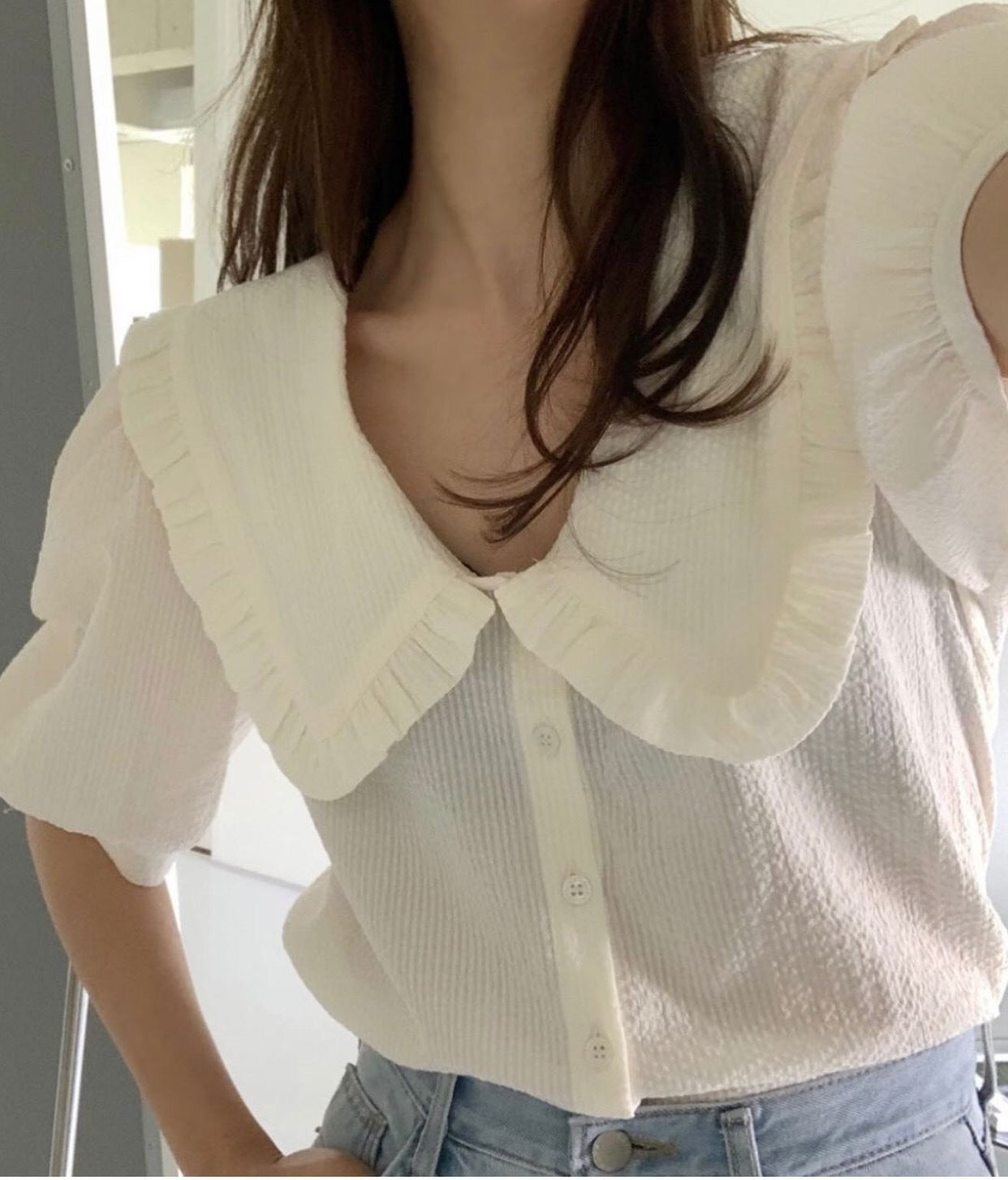 French Doll Collar Lapel Cropped Puff Sleeve Shirt