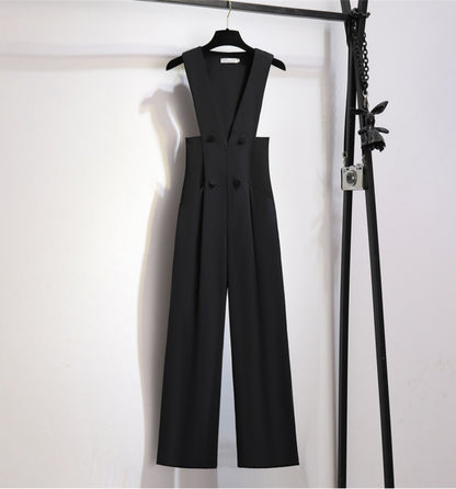 Fashionable Suspender Pants Fitted High Waist Wide-leg Suit Jumpsuit