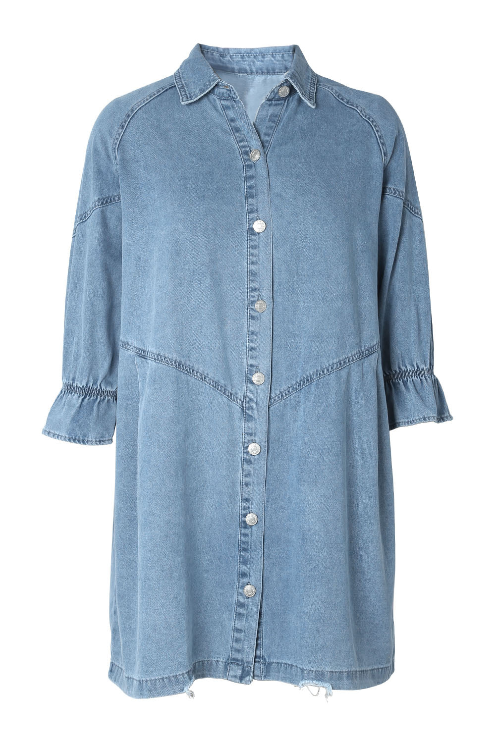 Mini-robe en jean boutonnée à manches longues bleu ciel