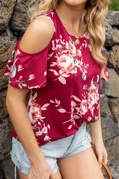 Floral Cold-Shoulder Round Neck Top