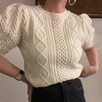 Pull tricoté court à manches bouffantes pour femme