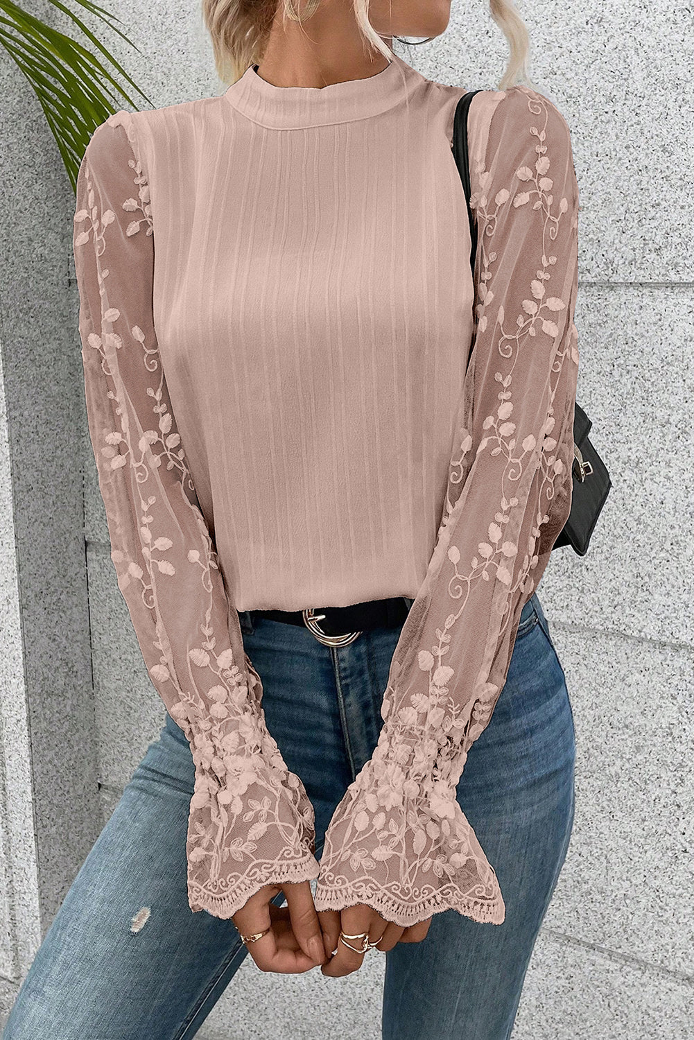 Apricot Pink Contrast Lace Sleeve Mock Neck Textured Blouse