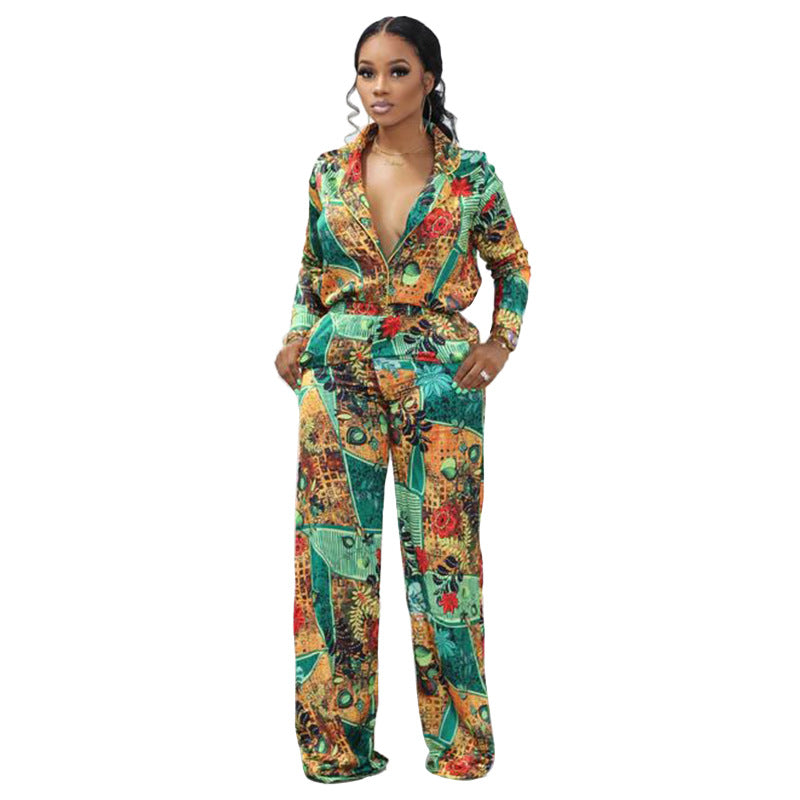 Casual Fashion Digital Printed V-neck Women's Two-piece Suit