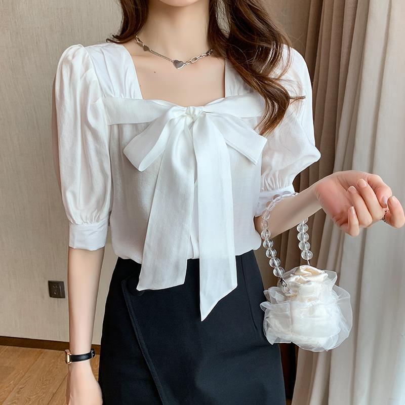 Loose Tie Shirt Short Sleeve Bow Top