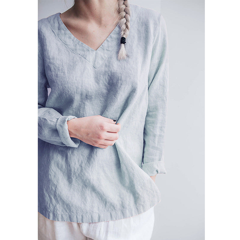 Women's Pure Linen V Neck Long Sleeve Top