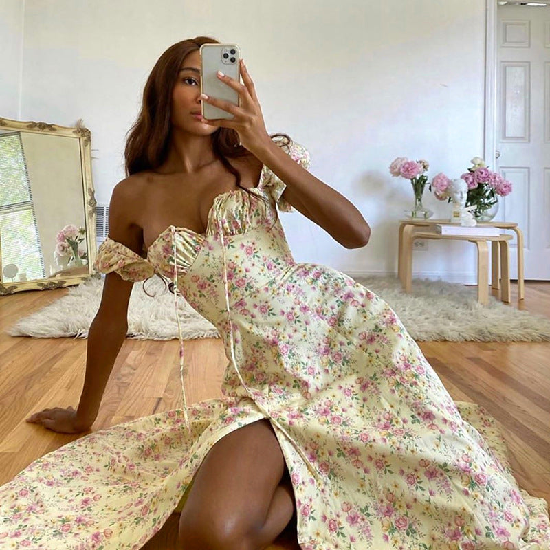 Sexy floral dress with belted sleeves and slit sleeves+