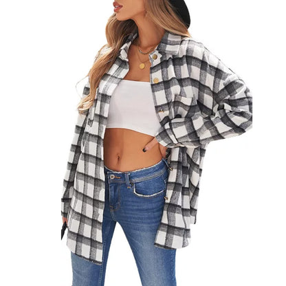 Camisa de chaqueta de lana de manga larga informal a cuadros para mujer