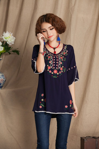 Plus Size Women's Finely Embroidered Cotton And Linen Shirt