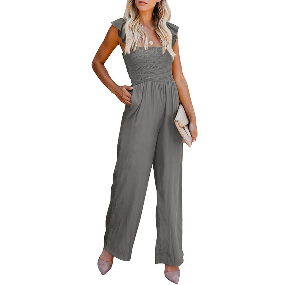 Summer Solid Pocket Casual Loose Wide Leg Jumpsuit