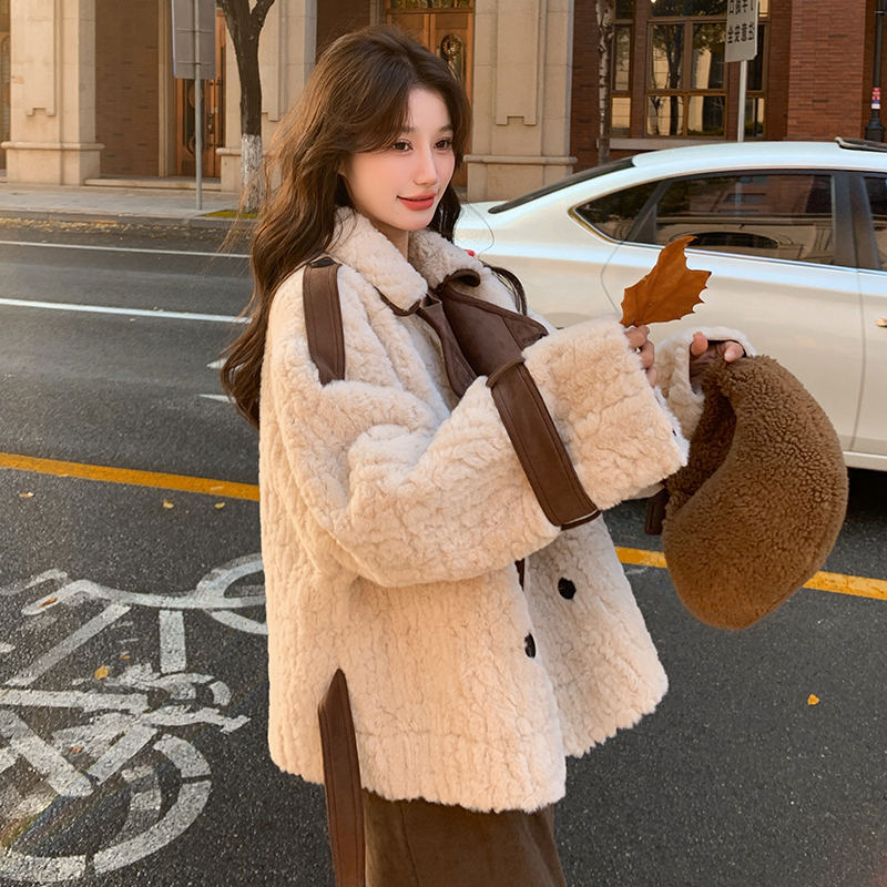 Retro Color Contrast Patchwork Lapel Loose Double Breasted Fur Coat