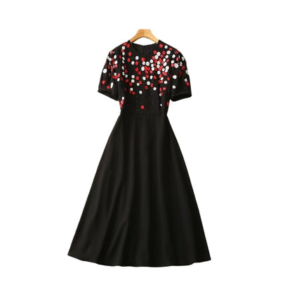 French Suit Black Pleated Short Sleeve Exquisite Embroidered Flowers Sequins Dress