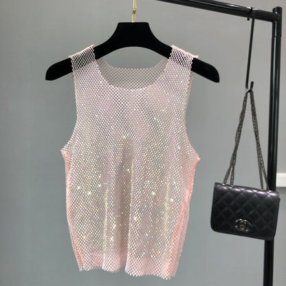 Rhinestone Mesh Waistcoat Women's Light Diamond Hollow Sleeveless Top