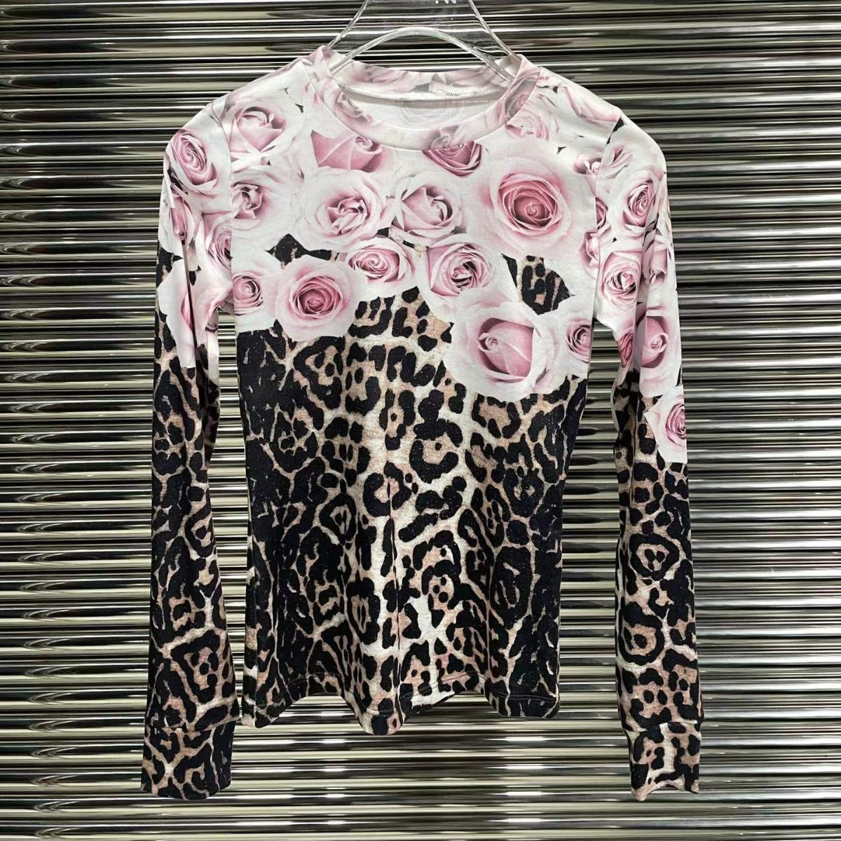 Distressed Rose Leopard Print Ethnic Print Tight Long Sleeve Top