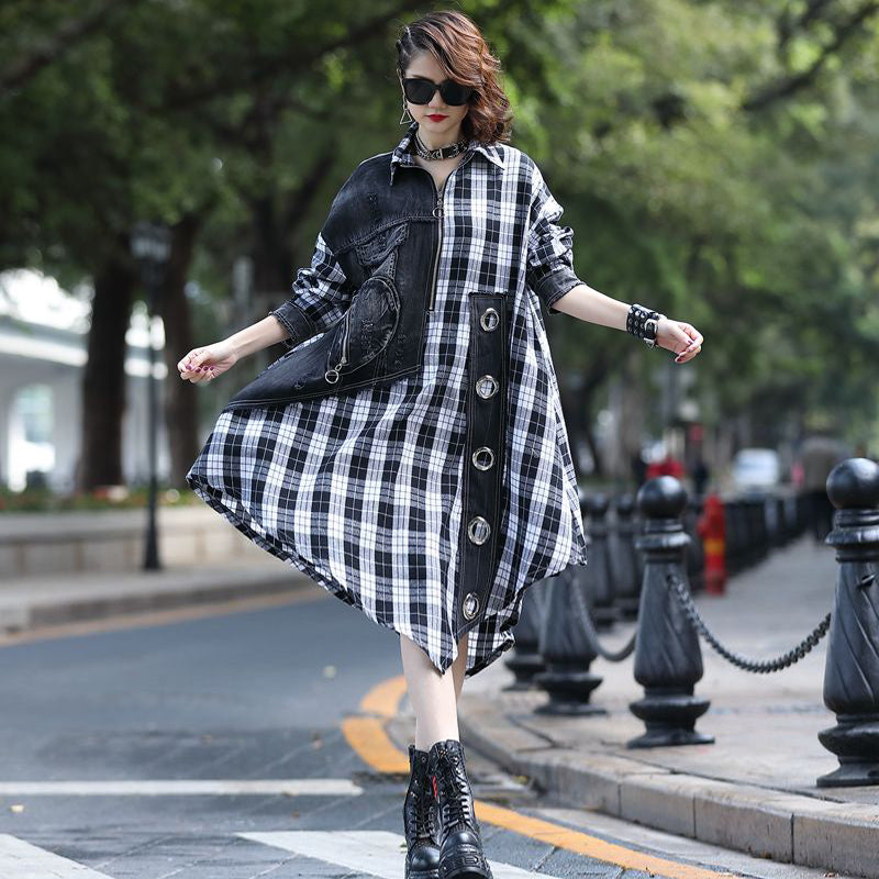 Loose Casual Denim Paneled Contrast Plaid Midi Dress