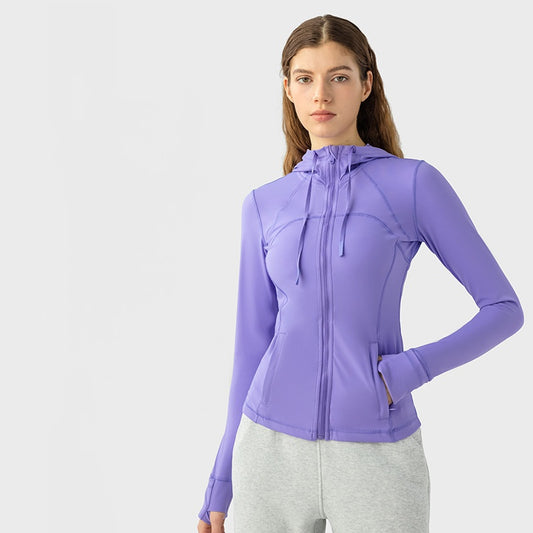 Women's Sports Hooded Jacket Slim-fit Zipper Elastic Running Yoga Clothes