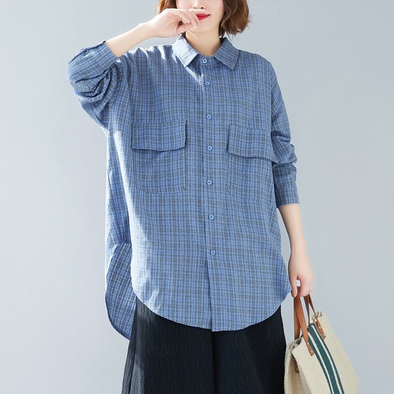 Lapel Plaid Long-sleeved Shirt Age-reducing Belly-covering Top