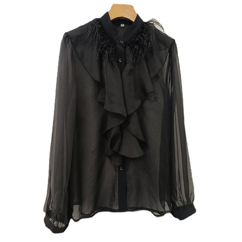 Stand Collar Ruffle Puff Long Sleeve Sheer Chiffon Shirt