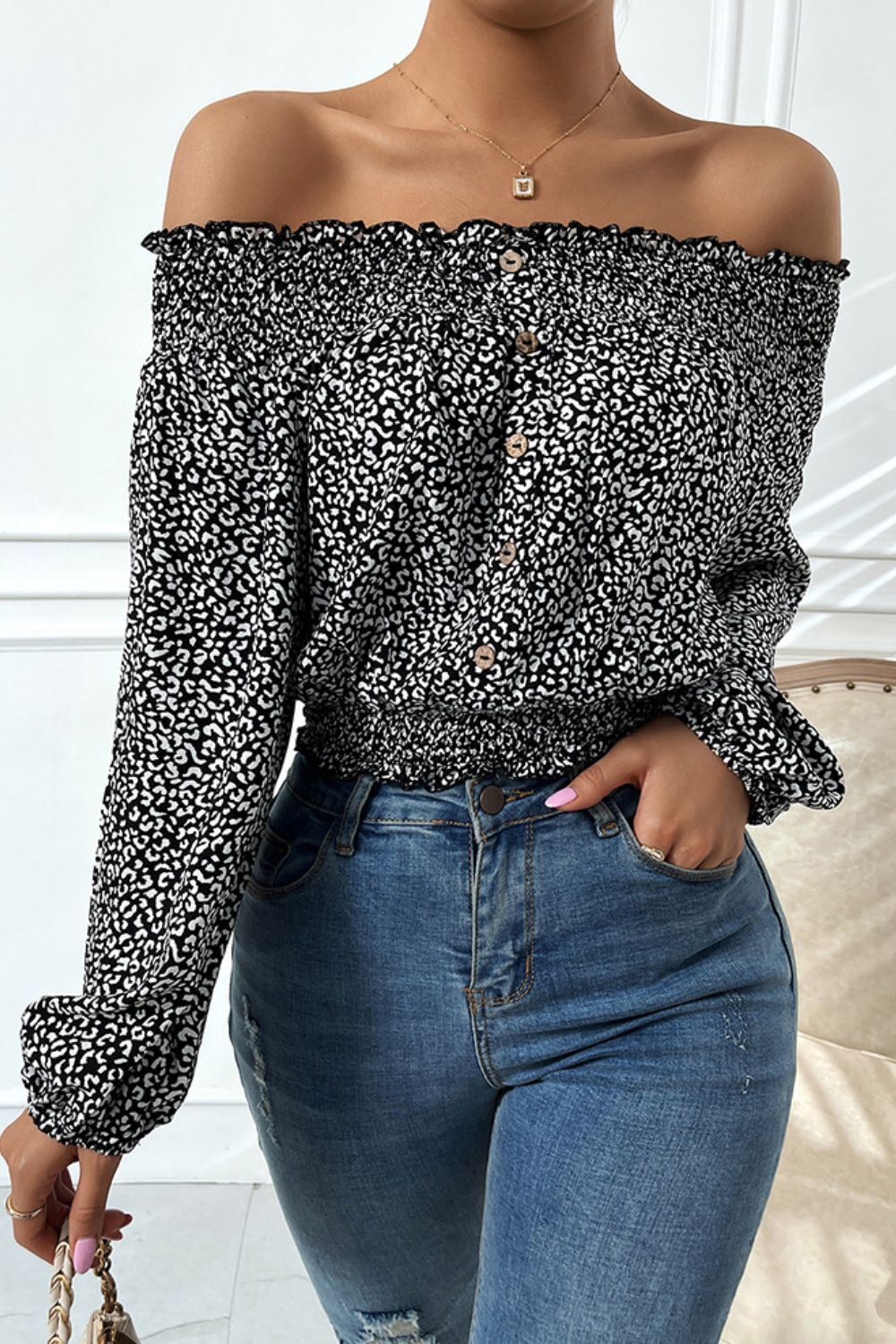 Leopard Print Frill Trim Off-Shoulder Top