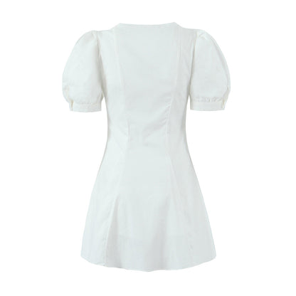 French Retro Square Collar Single Breasted Puff Short Sleeve Dress