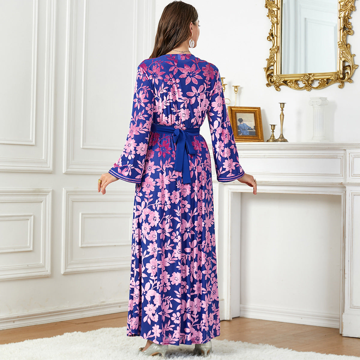 Costume deux pièces en velours imprimé, robe de soirée pour femme