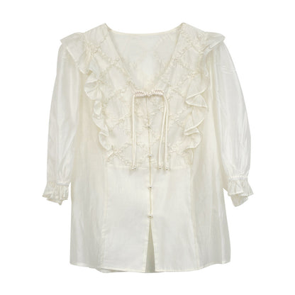 Artistic Women's Clothes Tencel Embroidered Shirt Women's Thin