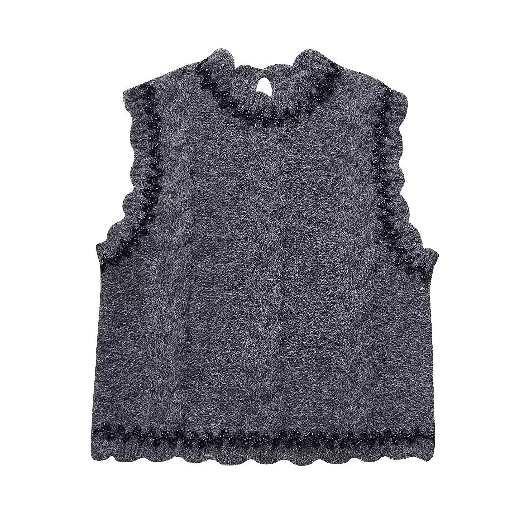 French Beaded Sleeveless Crew Neck Casual Sweater