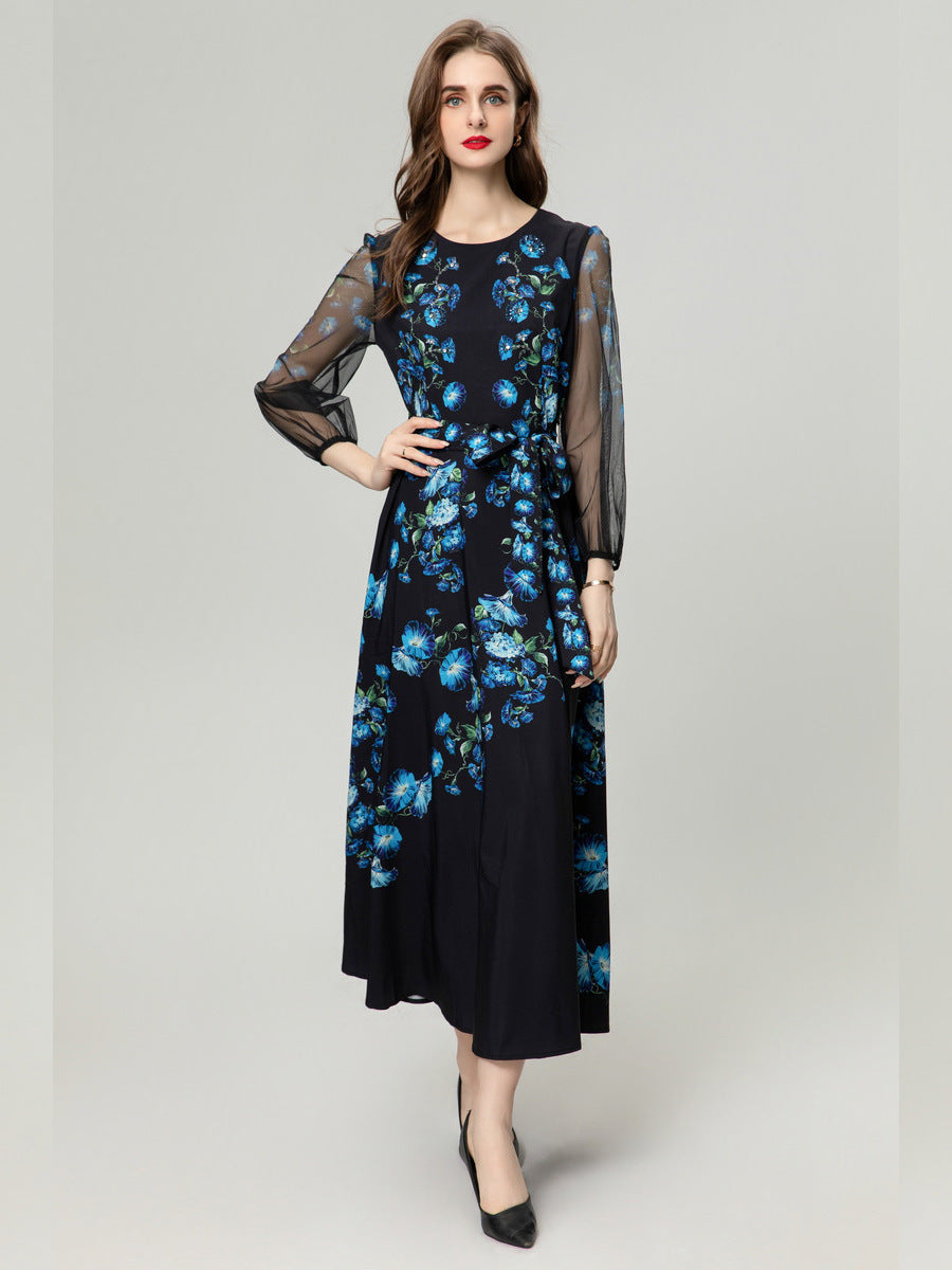 Peacock Blue Flower Front Piece Heavy Industry Manual Bead Long Sleeve Dress