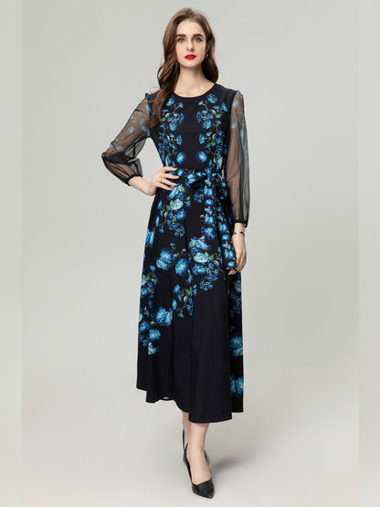 Peacock Blue Flower Front Piece Heavy Industry Manual Bead Long Sleeve Dress