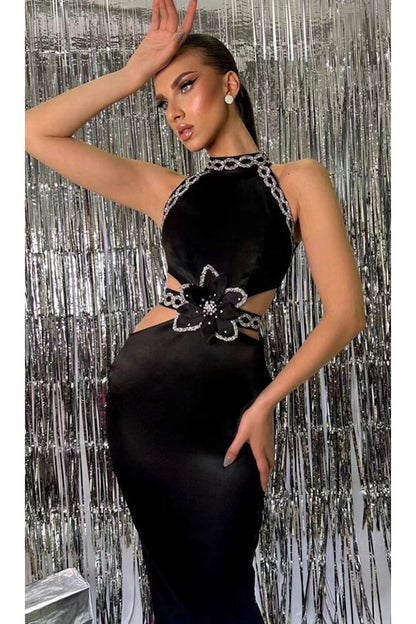 Sexy Sleeveless Hollow Backless Mid-length Rhinestone Bandage One-piece Dress Slim Fit