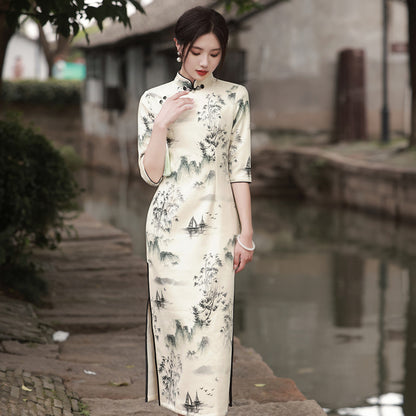 Women's Graceful And Fashionable Half Sleeve Ink Painting Dress