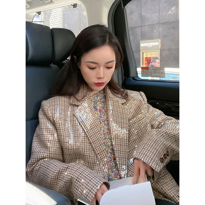 Plaid Sequined Blazer Women's Suit Collar Loose Retro British Jacket