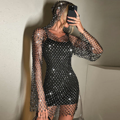 Women's Fishnet Rhinestone Hollow Out V-neck Hooded Long Sleeve Narrow Dress